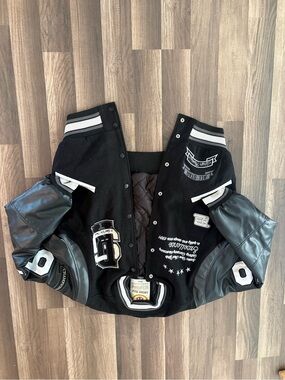 Black Patchwork Varsity Jacket with Faux Leather Sleeves